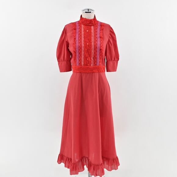 VINTAGE Midi Prairie Dress Size S Red Lace Ruffle Puff Sleeve Mock Neck 70s 80s